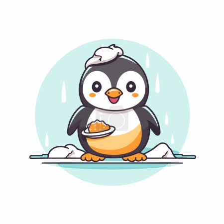 Téléchargez les illustrations : Mignon pingouin avec une assiette de nourriture. Illustration vectorielle. - en licence libre de droit