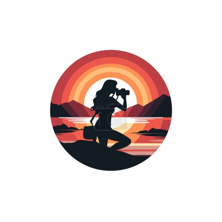 Illustration for Photographer logo template. Vector illustration of photographer with camera on sunset background. - Royalty Free Image