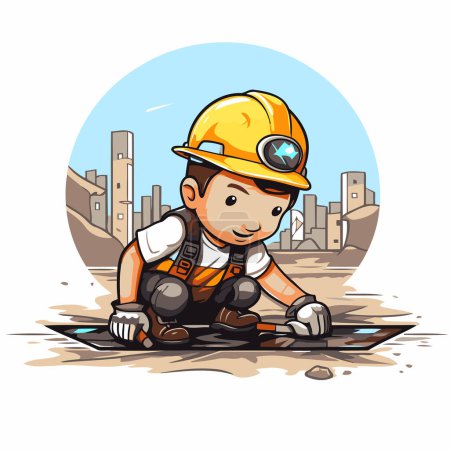 Illustration for Vector illustration of a boy in a construction helmet sitting on the ground. - Royalty Free Image