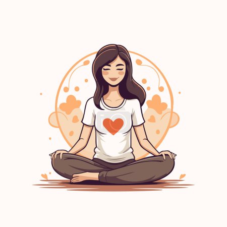 Young woman meditating in lotus position. Vector illustration in cartoon style.