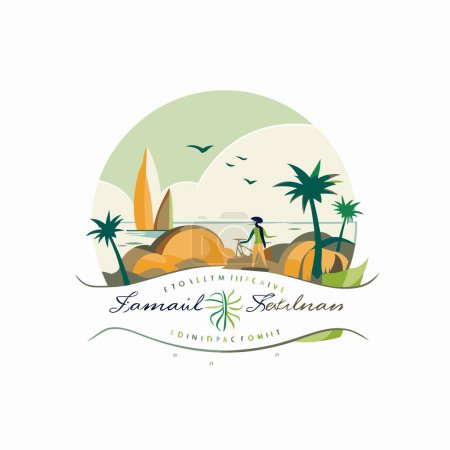Illustration for Vacation and travel logo with palm trees and bird. Vector illustration - Royalty Free Image
