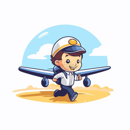 Illustration for Cute little boy pilot with airplane. Cartoon character vector Illustration - Royalty Free Image