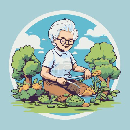Téléchargez les illustrations : Femme âgée jardinage dans le jardin. Illustration vectorielle dans le style dessin animé. - en licence libre de droit