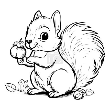 Téléchargez les illustrations : Illustration en noir et blanc d'un écureuil mangeant une pomme pour un livre à colorier - en licence libre de droit