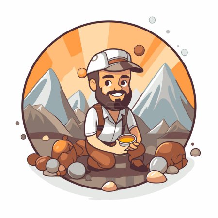 Illustration for Hiking man with a pot of coffee in the mountains. Vector illustration - Royalty Free Image