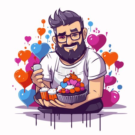 Téléchargez les illustrations : Illustration vectorielle d'un homme barbu avec un cupcake à la main. Cartoon style. - en licence libre de droit