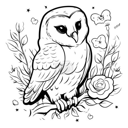 Ilustración de Ilustración vectorial dibujada a mano de un búho sentado en una rama con flores - Imagen libre de derechos