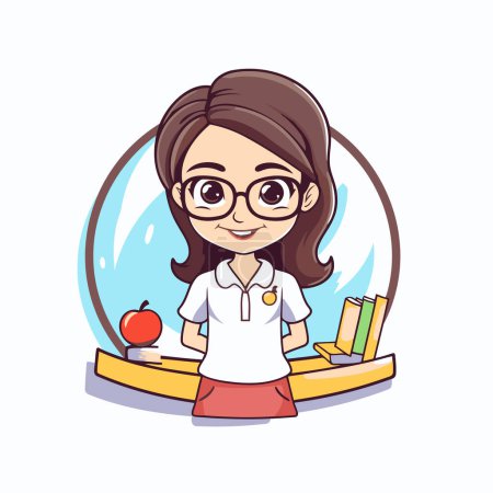 Ilustración de Linda niña en gafas con libros y manzana. Ilustración vectorial. - Imagen libre de derechos