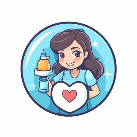 Illustration for Cute girl holding a bottle of water and a heart. Vector illustration. - Royalty Free Image