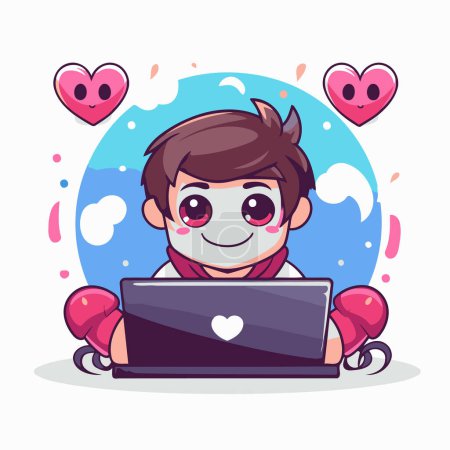 Ilustración de Lindo chico usando computadora portátil con corazones a su alrededor. Ilustración vectorial. - Imagen libre de derechos