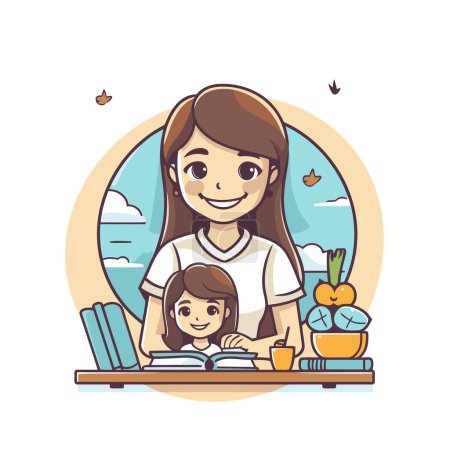 Téléchargez les illustrations : Mère et fille lisant un livre ensemble à la maison. Illustration vectorielle. - en licence libre de droit