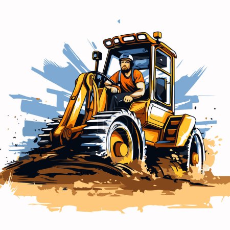 Illustration for Vector illustration of a tractor on a construction site. Vector illustration. - Royalty Free Image