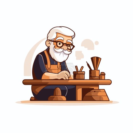 Téléchargez les illustrations : Vieil homme dans un tablier et des verres assis à la table avec des outils. Illustration vectorielle. - en licence libre de droit