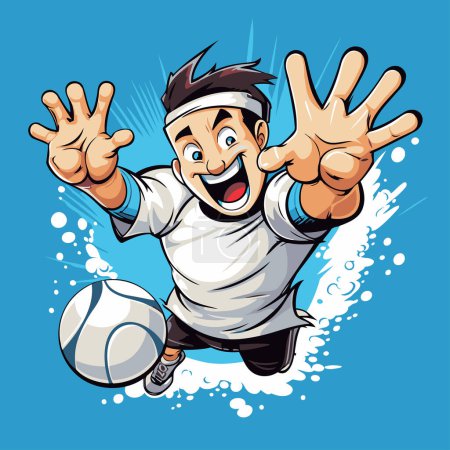 Illustration for Vector illustration of a soccer player jumping with ball on a blue background - Royalty Free Image