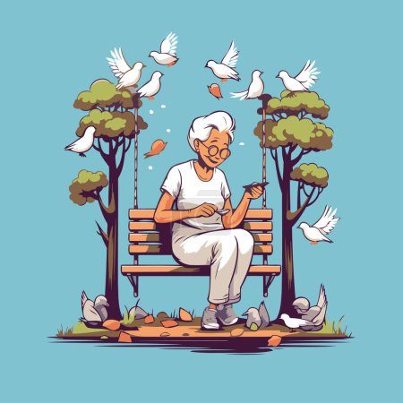 Ilustración de Una anciana sentada en un banco y alimentando palomas. Ilustración vectorial. - Imagen libre de derechos