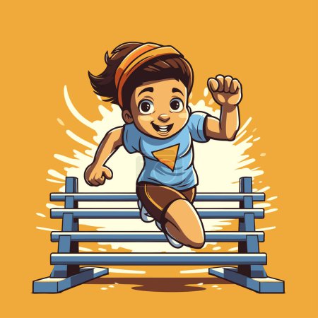 Téléchargez les illustrations : Jolie petite fille sautant par-dessus un obstacle. illustration vectorielle de dessin animé. - en licence libre de droit