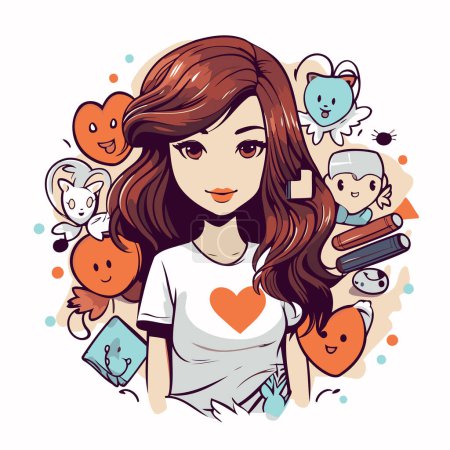 Illustration for Vector illustration of a cute girl with books and hearts around her. - Royalty Free Image