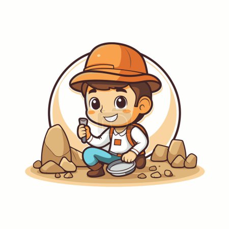 Illustration for Cute cartoon boy with magnifying glass and stone. Vector illustration - Royalty Free Image
