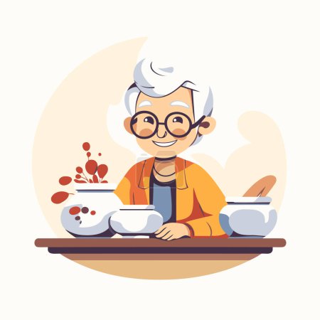 Elderly man cooking soup. Vector illustration in cartoon style.