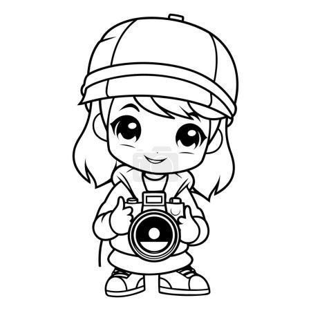 Téléchargez les illustrations : Illustration d'une jolie petite fille portant un bonnet et tenant un appareil photo - en licence libre de droit