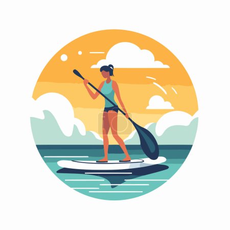 Illustration for Young woman on stand up paddle board. Stand up paddleboarding vector illustration. - Royalty Free Image