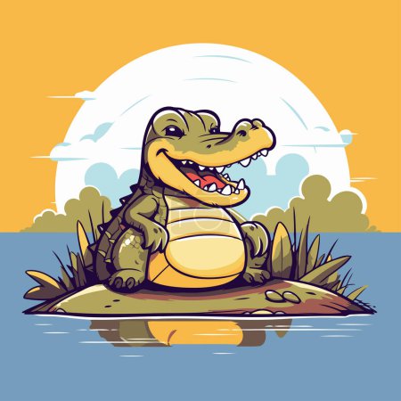 Téléchargez les illustrations : Mignon crocodile sur l'île. Illustration vectorielle dans le style dessin animé. - en licence libre de droit