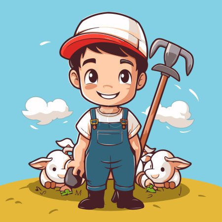 Illustration for Cute cartoon farmer with sheep. Vector illustration of a farm worker. - Royalty Free Image