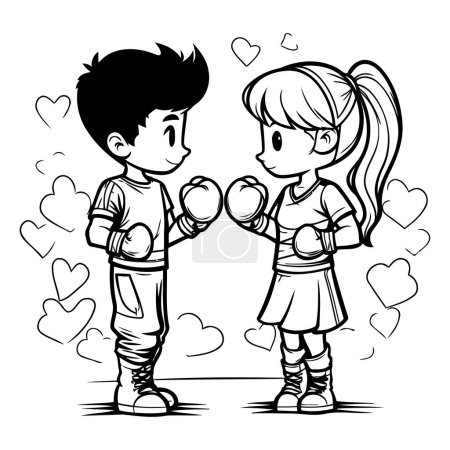 Téléchargez les illustrations : Boxe garçon et fille avec des cœurs en arrière-plan. Illustration vectorielle. - en licence libre de droit