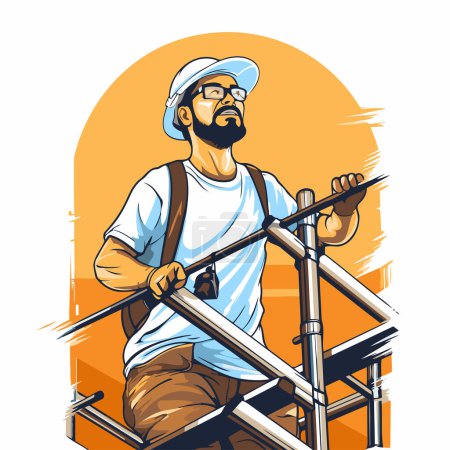 Illustration for Vector illustration of a worker on scaffolding. Construction worker on scaffolding. - Royalty Free Image