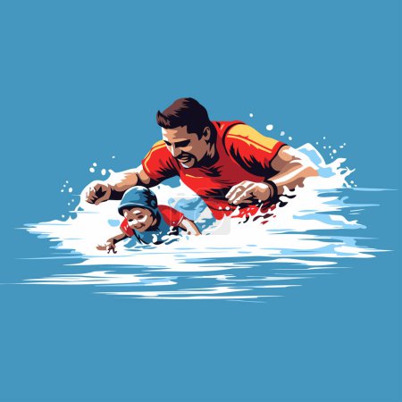 Illustration for Father and son surfing on the waves. Vector illustration of a father and son on the water. - Royalty Free Image
