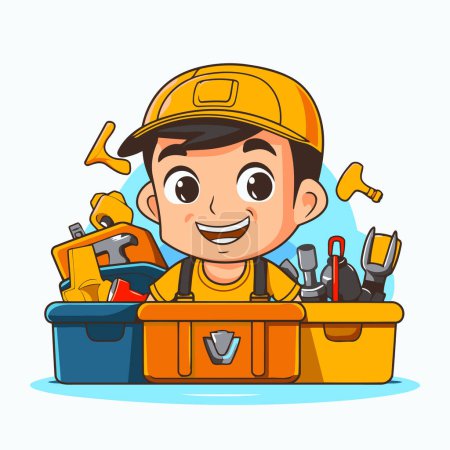 Illustration for Cute cartoon boy construction worker with toolbox. Vector illustration. - Royalty Free Image