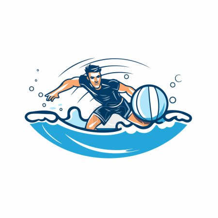 Illustration for Water polo player with ball on the waves. Vector illustration. - Royalty Free Image