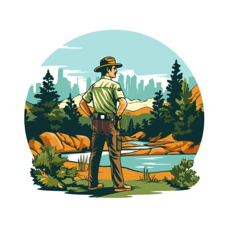 Ilustración de Pescador con sombrero y caña de pescar en las montañas. Ilustración vectorial. - Imagen libre de derechos