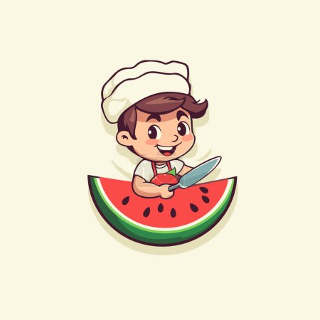 Illustration for Chef boy with slice of watermelon. Cute cartoon vector illustration. - Royalty Free Image