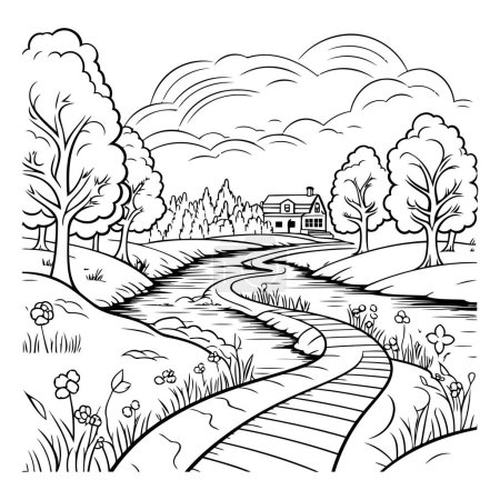 Ilustración de Paisaje rural con carretera y casa. Ilustración vectorial en blanco y negro. - Imagen libre de derechos