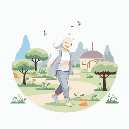 Ilustración de Una anciana caminando por el parque. Dibujos animados vector ilustración. - Imagen libre de derechos