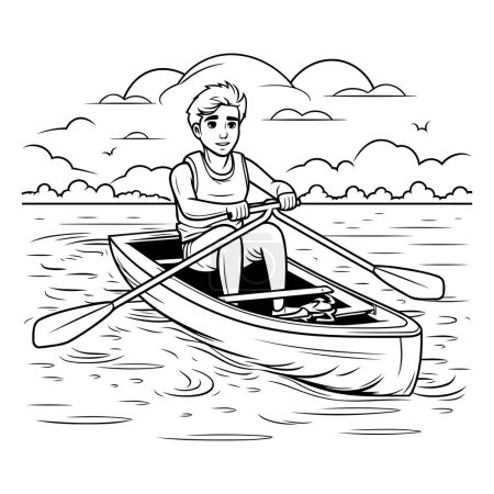 Illustration for Man rowing a boat on the lake. Black and white vector illustration. - Royalty Free Image