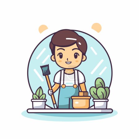 Illustration for Cute boy doing housework. Vector illustration in cartoon style. - Royalty Free Image