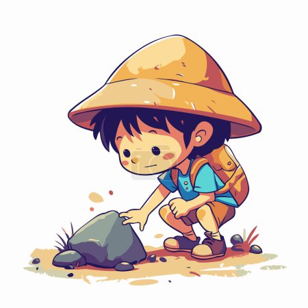 Téléchargez les illustrations : Illustration d'un petit garçon mignon portant un chapeau et creusant une pierre - en licence libre de droit
