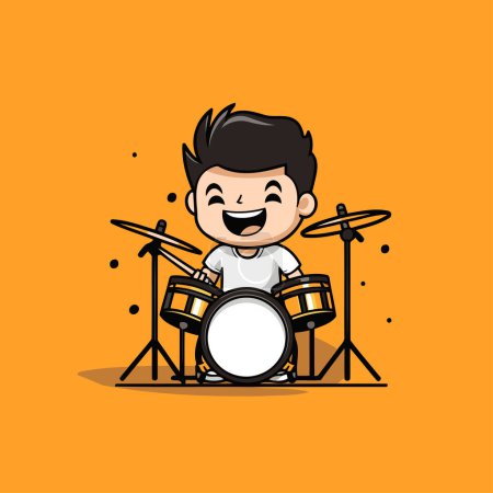 Illustration for Cute boy playing drums on orange background. Vector Illustration. - Royalty Free Image