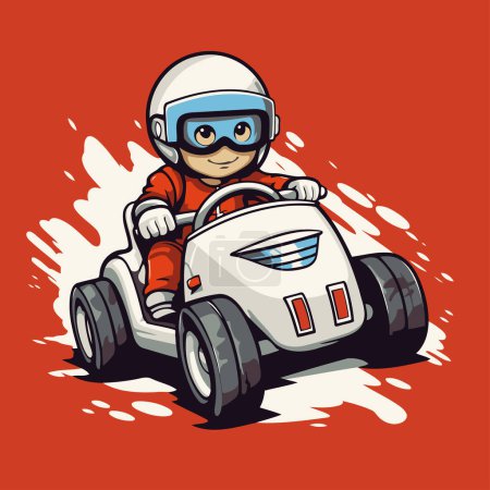 Illustration for Cartoon illustration of a little boy driving a race car on a red background - Royalty Free Image