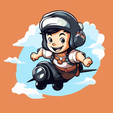 Illustration for Little boy flying in the sky with pilot helmet. Vector illustration. - Royalty Free Image