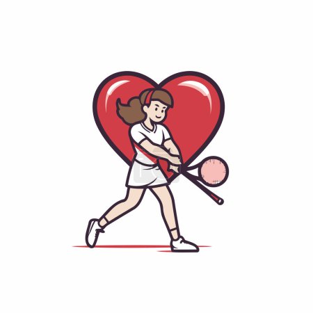 Ilustración de Ilustración vectorial de una niña jugando béisbol con un gran corazón rojo. - Imagen libre de derechos