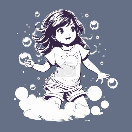 Téléchargez les illustrations : Jolie petite fille jouant avec des bulles de savon. Illustration vectorielle dessinée main. - en licence libre de droit