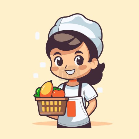 Téléchargez les illustrations : Mignon petit chef tenant un panier de légumes frais. Illustration vectorielle - en licence libre de droit