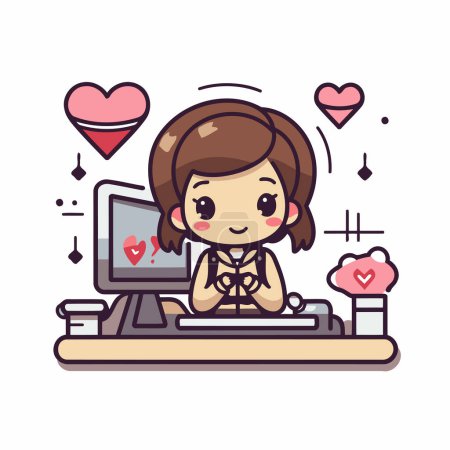 Téléchargez les illustrations : Jolie fille travaillant sur ordinateur à la maison. Illustration vectorielle plate. - en licence libre de droit