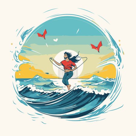 Illustration for Surfer girl jumping on the wave. Vector illustration in retro style. - Royalty Free Image