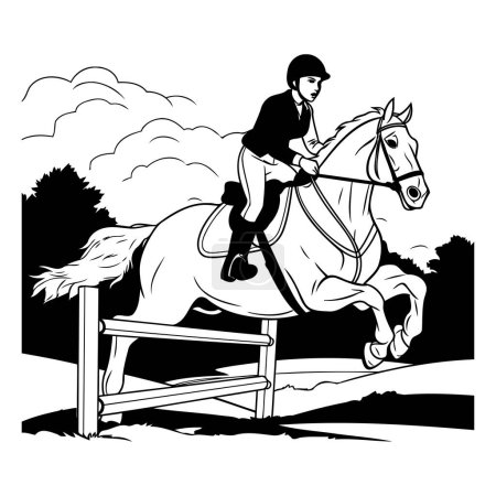 Illustration for Jockey on horse jumping over obstacles. black and white vector illustration - Royalty Free Image