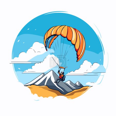 Ilustración de Paracaidista en la montaña. Ilustración vectorial en estilo de dibujos animados. - Imagen libre de derechos