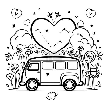 Téléchargez les illustrations : Illustration vectorielle dessinée à la main d'une camionnette rétro avec des cœurs. nuages et arbres - en licence libre de droit